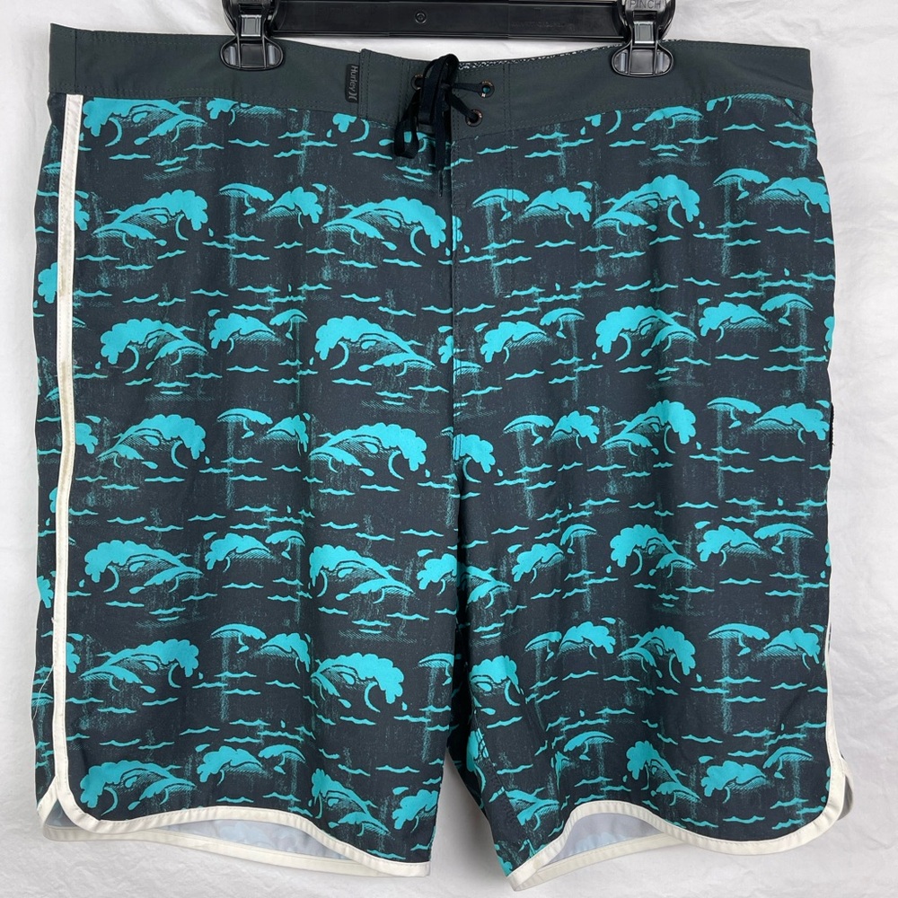 Men's Hurley Board Shorts-38-Ocean Print-Black/Aqua/White-Pocket
